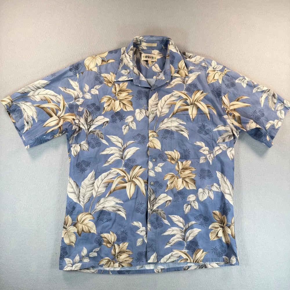 Campia Moda Vintage Large Blue Tropical Pineapple Leaf Cotton Hawaiian